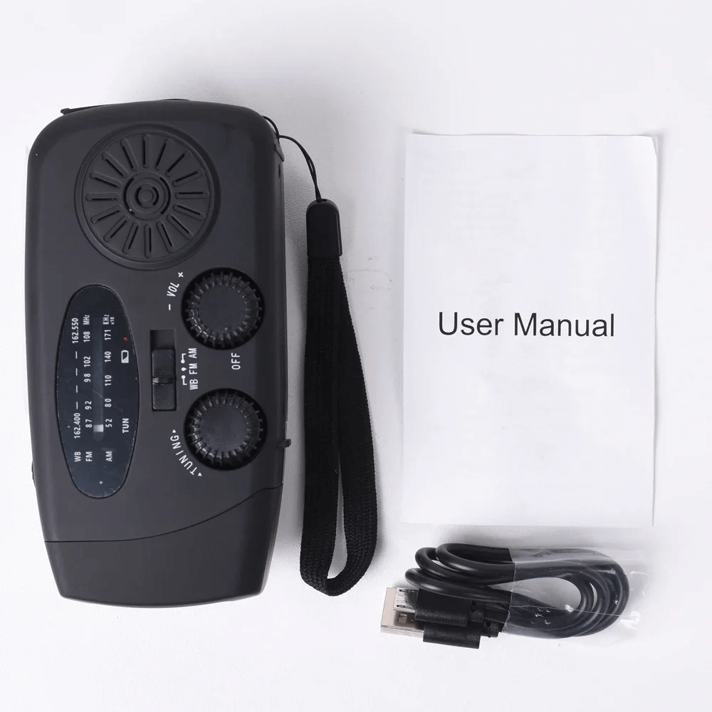 "Portable wind-up radio with LED flashlight and power bank, compact design, suitable for AM/FM/weather alerts and emergencies