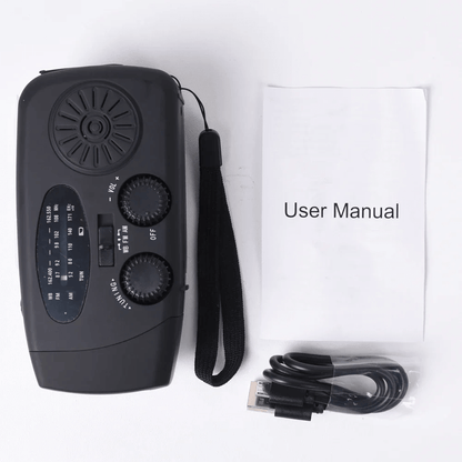 "Portable wind-up radio with LED flashlight and power bank, compact design, suitable for AM/FM/weather alerts and emergencies