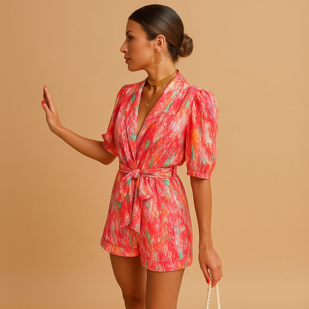 Women’s short printed jumpsuit with belted waist in pink or purple, perfect for warm summer days and stylish outings.