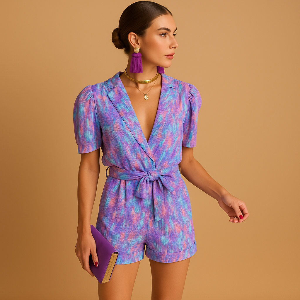 Women’s short printed jumpsuit with belted waist in pink or purple, perfect for warm summer days and stylish outings.