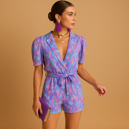 Women’s short printed jumpsuit with belted waist in pink or purple, perfect for warm summer days and stylish outings.