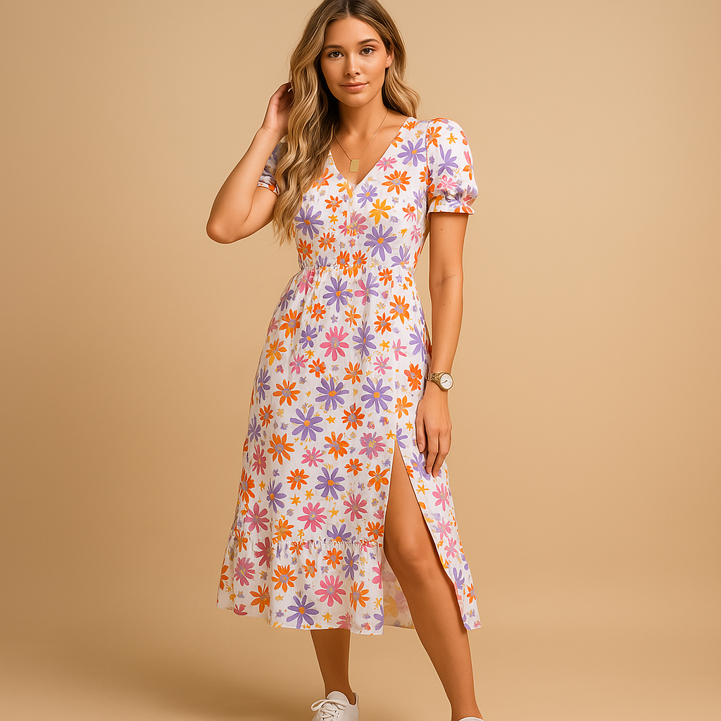 Light and elegant printed maxi dress for women with V-neck and slit, perfect for summer holidays and casual occasions.