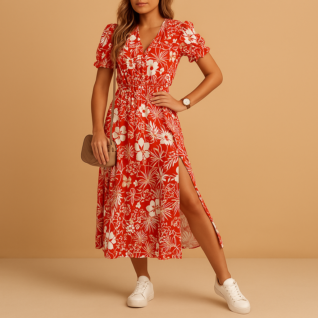 Light and elegant printed maxi dress for women with V-neck and slit, perfect for summer holidays and casual occasions.