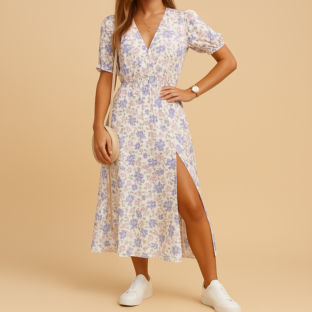 Light and elegant printed maxi dress for women with V-neck and slit, perfect for summer holidays and casual occasions.