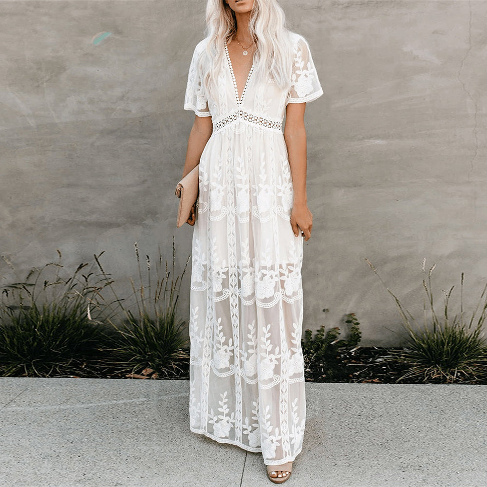 Merlinda | White Maxi Dress - Lightweight Fabric, Flattering V-Neckline-1