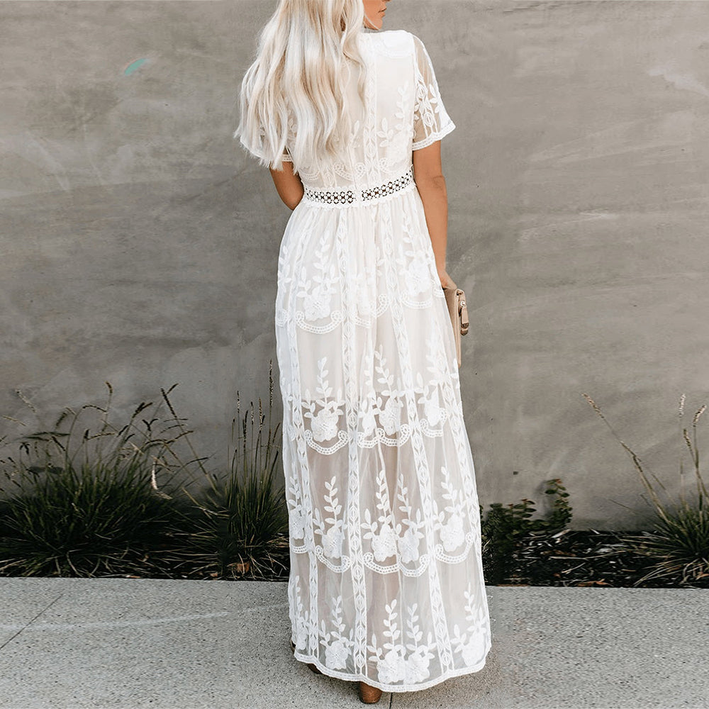 Merlinda | White Maxi Dress - Lightweight Fabric, Flattering V-Neckline-3