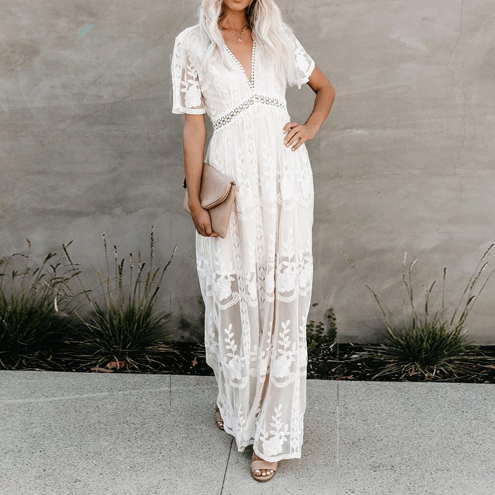 Merlinda | White Maxi Dress - Lightweight Fabric, Flattering V-Neckline-2