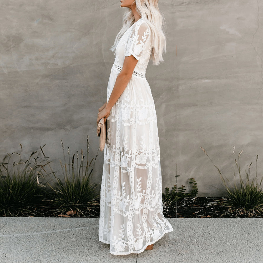 Merlinda | White Maxi Dress - Lightweight Fabric, Flattering V-Neckline-4