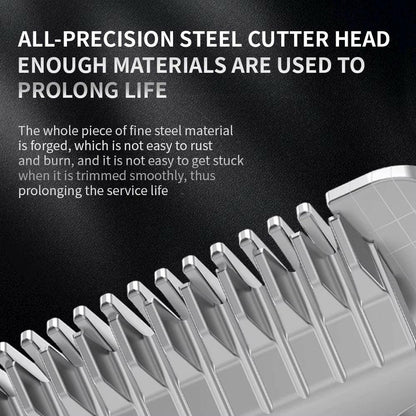 "Professional dog grooming kit with clippers, scissors, steel blades, guide combs, and accessories for at-home pet care."