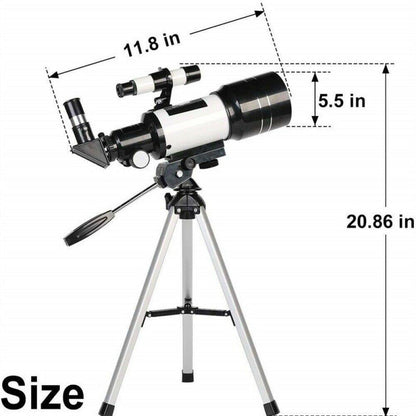 "Professional refracting telescope with 150x magnification on a tripod, ideal for stargazing and celestial observation."