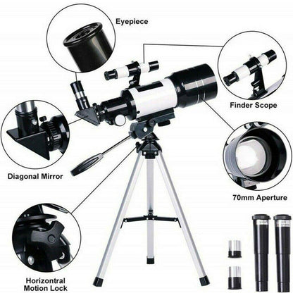 "Professional refracting telescope with 150x magnification on a tripod, ideal for stargazing and celestial observation."