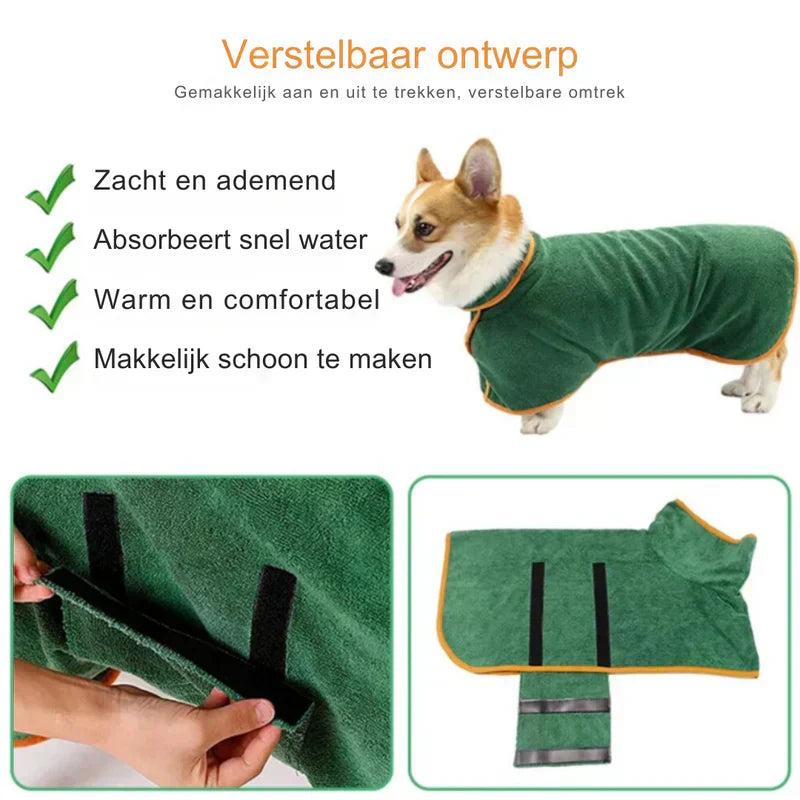 "Quick-drying dog bathrobe in soft blue microfiber, snug fit with Velcro closures, ideal for cozy warmth after baths."