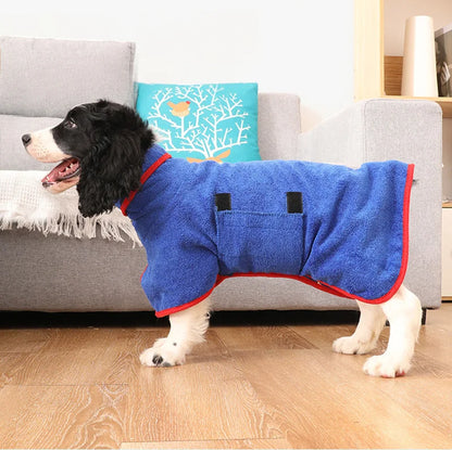 "Quick-drying dog bathrobe in soft blue microfiber, snug fit with Velcro closures, ideal for cozy warmth after baths."