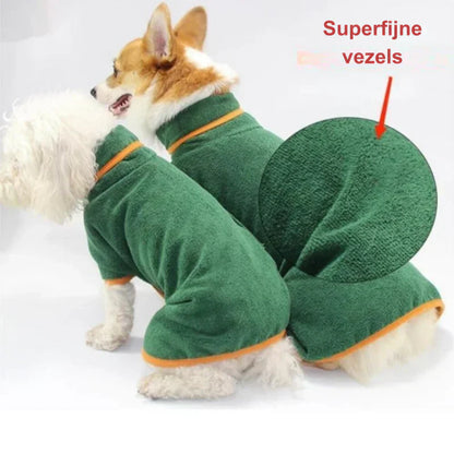 "Quick-drying dog bathrobe in soft blue microfiber, snug fit with Velcro closures, ideal for cozy warmth after baths."