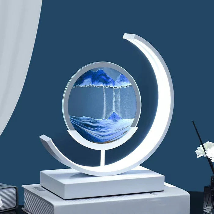 Quicksand art table lamp with rotating sand patterns, 360-degree rotation, elegant design, soft LED light, stress relief.