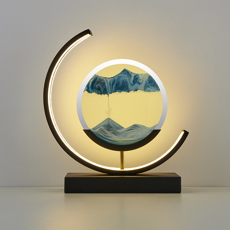 Quicksand art table lamp with rotating sand patterns, 360-degree rotation, elegant design, soft LED light, stress relief.