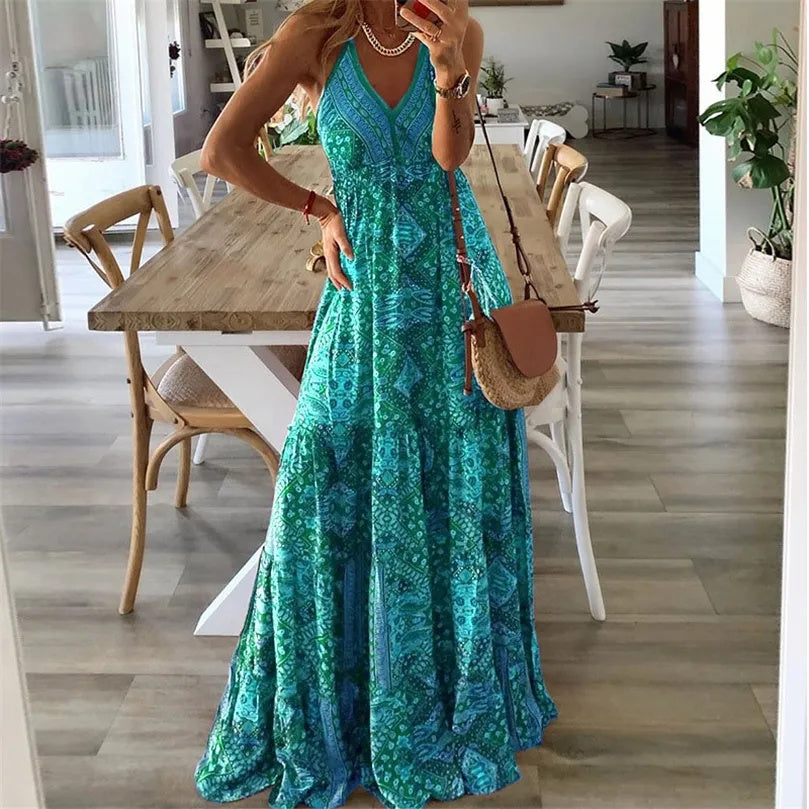 Flowy Halter Neck Summer Maxi Dress - Luxivelle