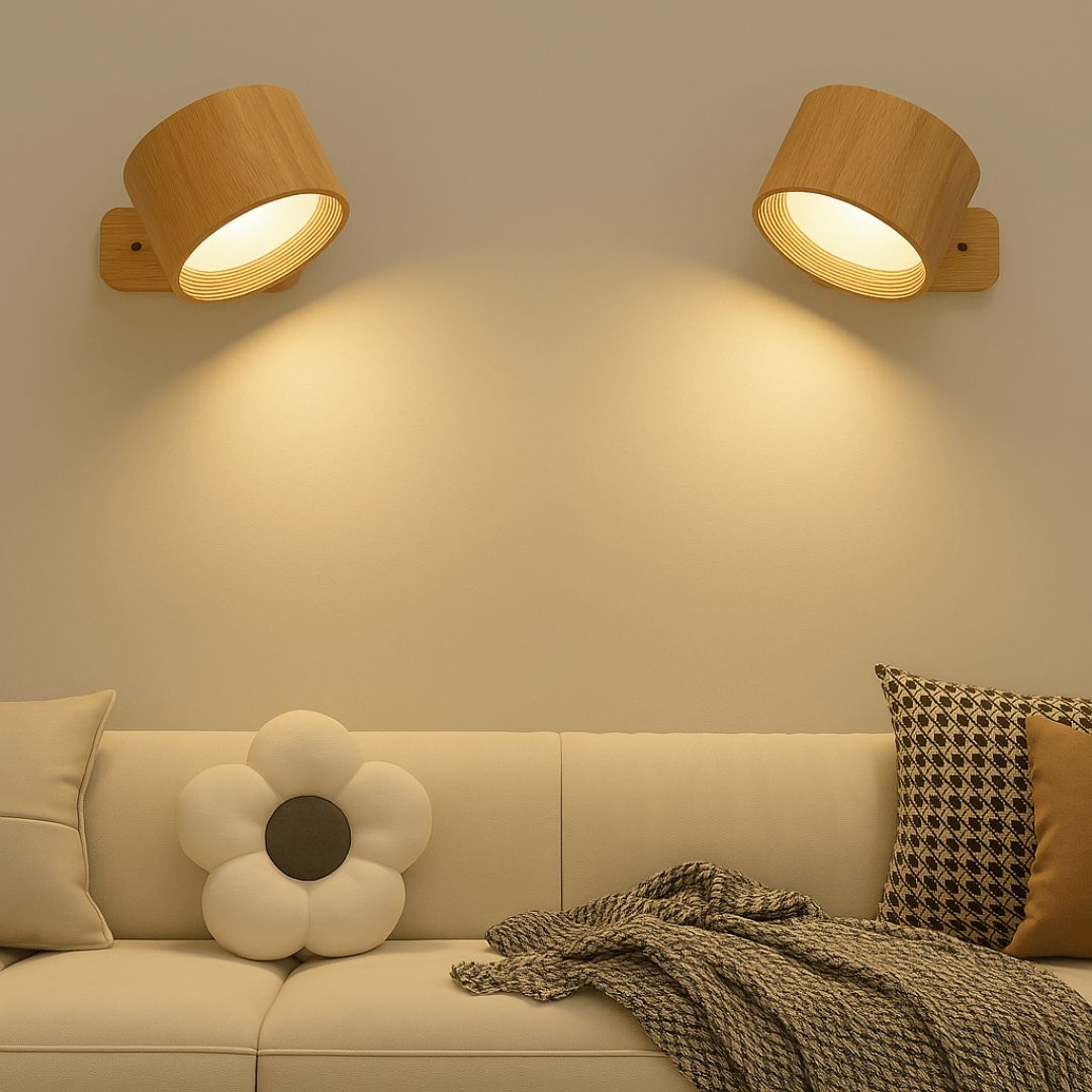 "Rechargeable 360° rotating wall light, features sleek design with magnetic ball joint, touch control, and adjustable lightin
