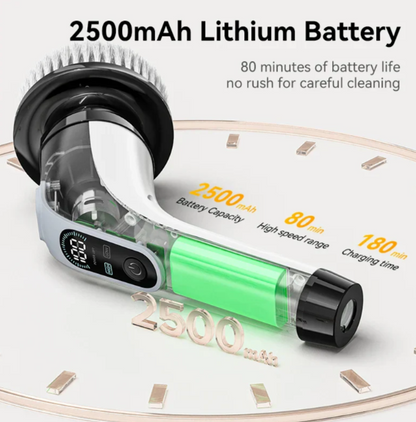 "Rechargeable electric scrubber with 7 brush heads on white background, ideal for cleaning diverse surfaces effortlessly."