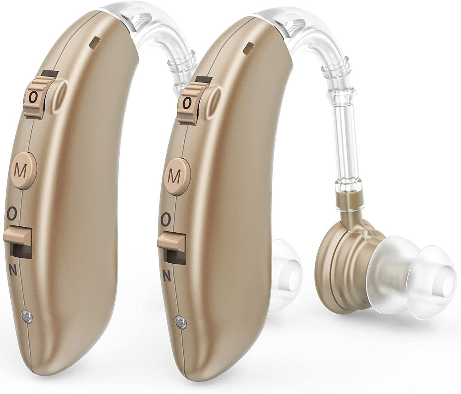 Rechargeable in-ear hearing aids with noise reduction, beige color, designed for comfort and clarity, USB rechargeable.