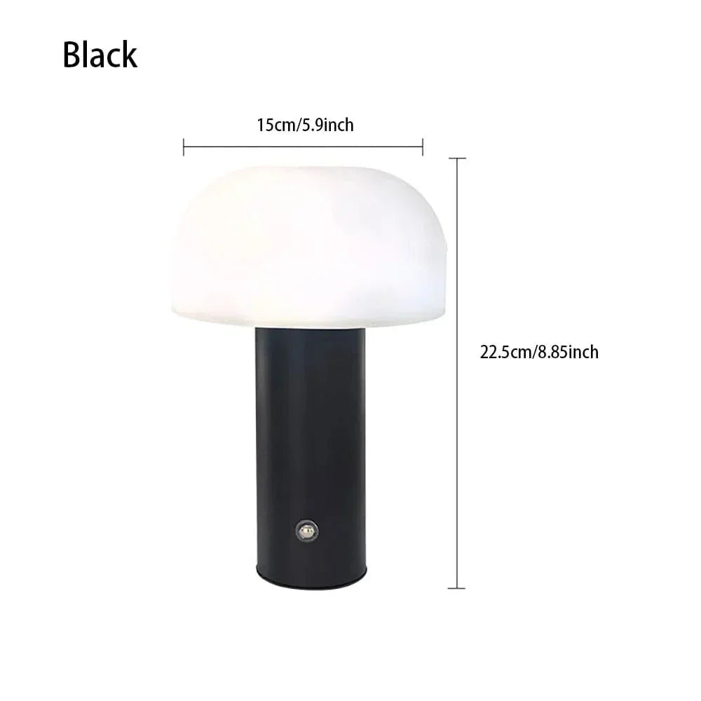 "Rechargeable mushroom LED table lamp with touch control in bold colors, perfect for modern decor and ambient lighting."