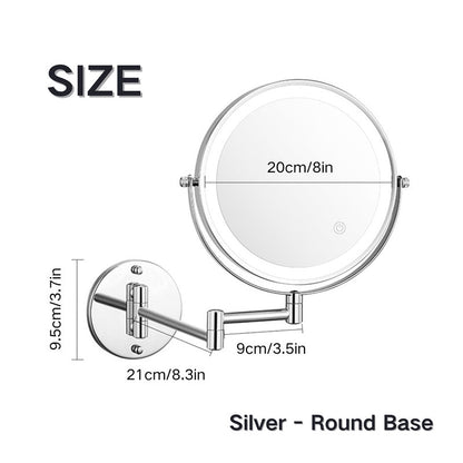 "Rechargeable wall mounted shaving mirror with LED lights, featuring three light settings and a sleek modern design."