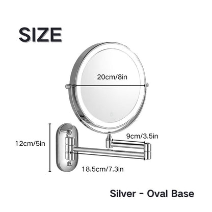 "Rechargeable wall mounted shaving mirror with LED lights, featuring three light settings and a sleek modern design."