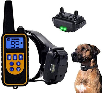"Rechargeable waterproof electric dog training collar with remote, rubber strap, and LCD display for effective pet training."