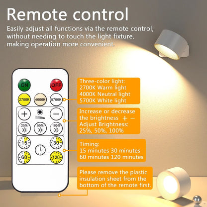 Rechargeable wireless 360° LED wall light with touch control, magnetic rotation, adjustable brightness and color modes in whi