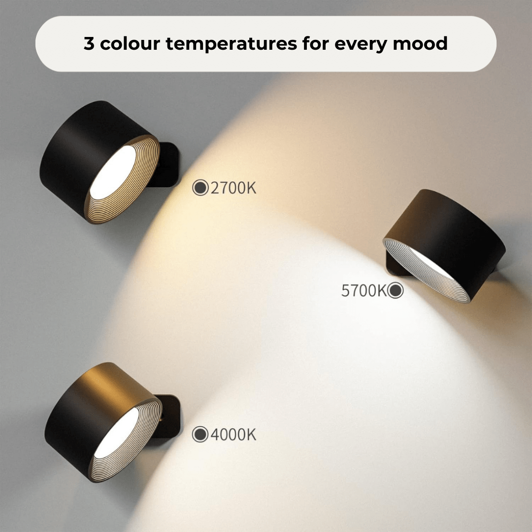 Rechargeable wireless 360° LED wall light with touch control, magnetic rotation, adjustable brightness and color modes in whi