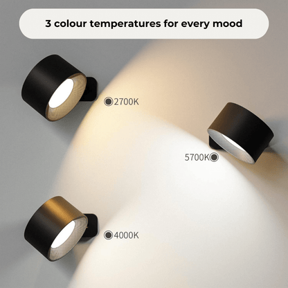Rechargeable wireless 360° LED wall light with touch control, magnetic rotation, adjustable brightness and color modes in whi