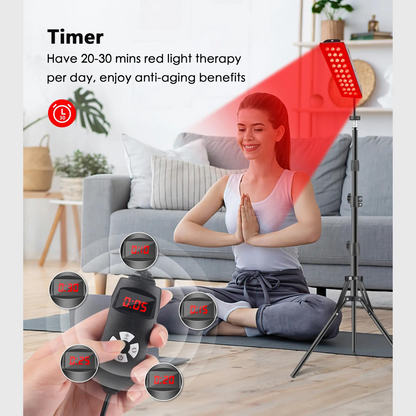 "Red light therapy lamp with adjustable strip for targeted healing, featuring a stable stand and versatile angle adjustment."