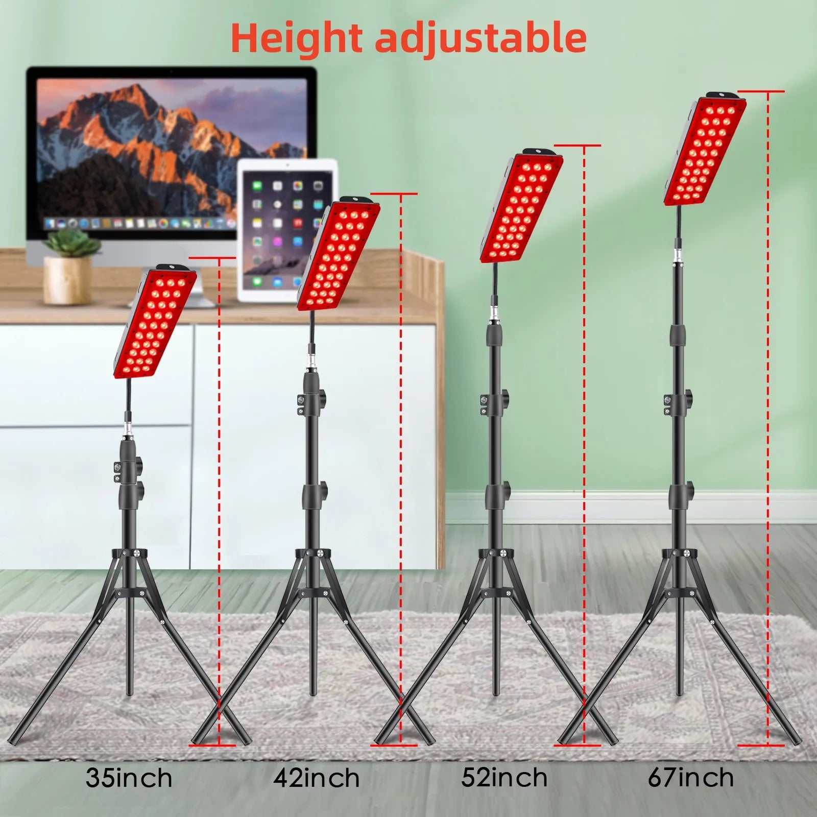 "Red light therapy lamp with adjustable strip for targeted healing, featuring a stable stand and versatile angle adjustment."