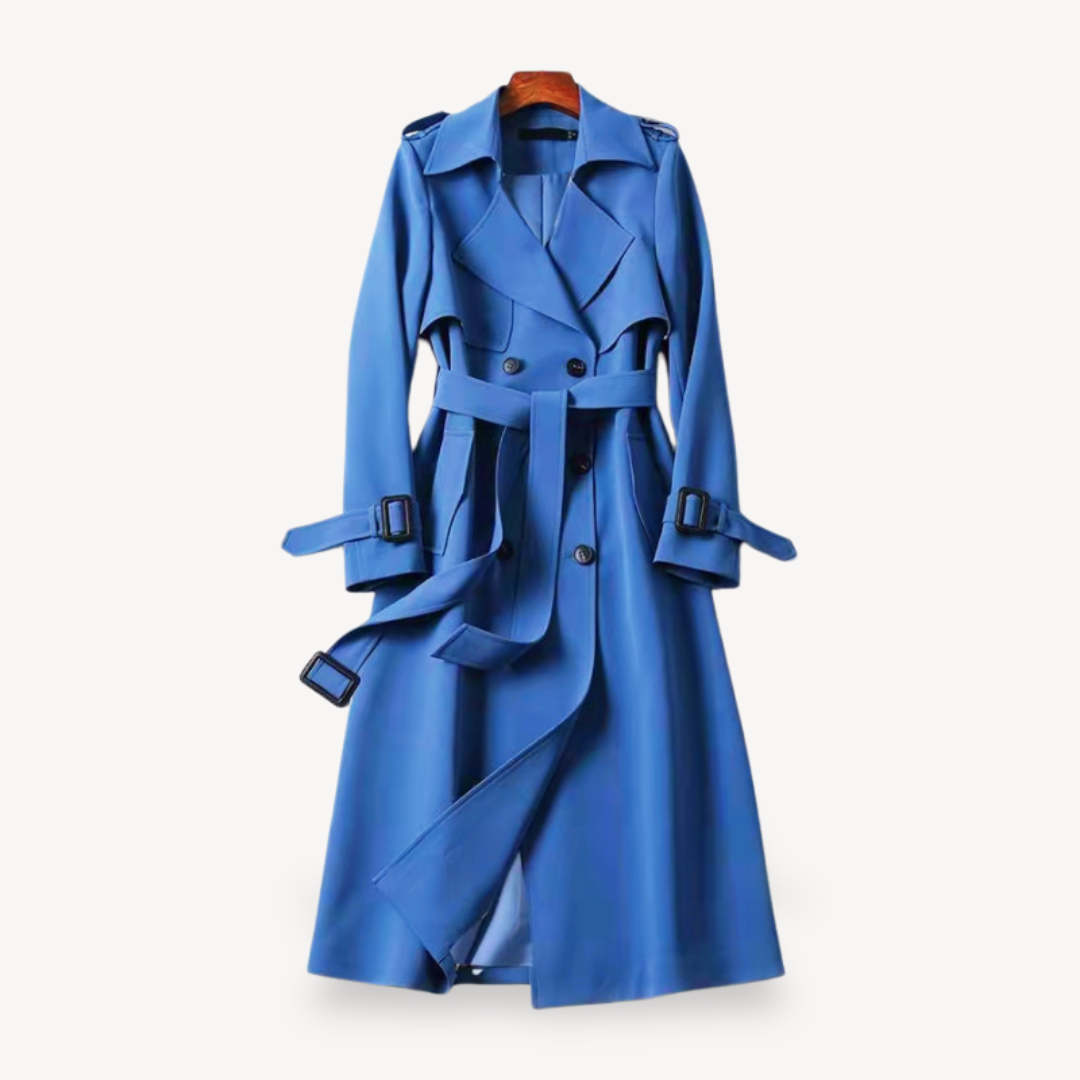 Red women's cotton trench coat with belted waist, classic silhouette, stylish and versatile for all-season outfits.