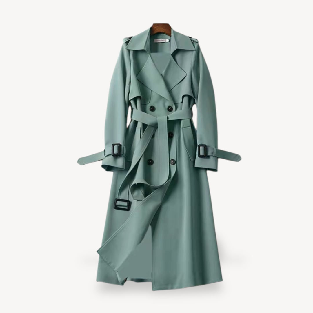 Red women's cotton trench coat with belted waist, classic silhouette, stylish and versatile for all-season outfits.