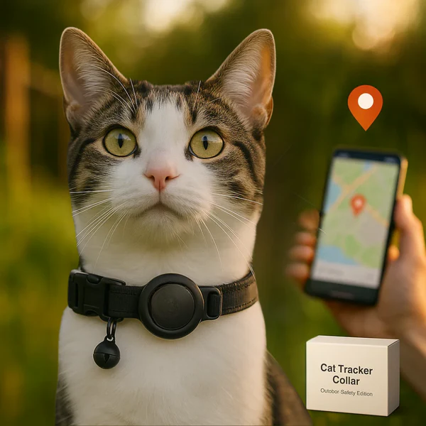 "Reflective cat GPS tracker collar with quick release, enhances safety and visibility for your pet's outdoor adventures."