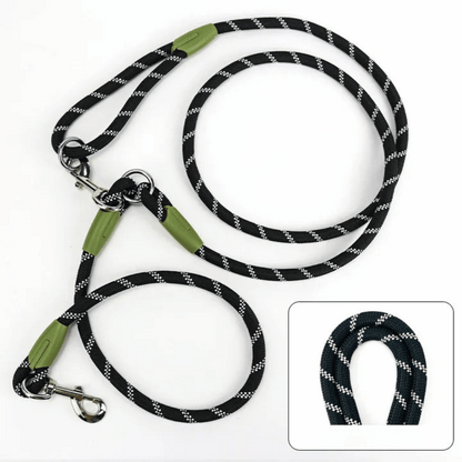 Reflective hands-free dog leash with bungee rope for running, ideal for large dogs; shown wrapped around waist.