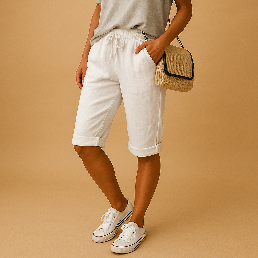 Women’s relaxed fit capri pants with elastic waist and tie-front, ideal for warm spring and summer days.