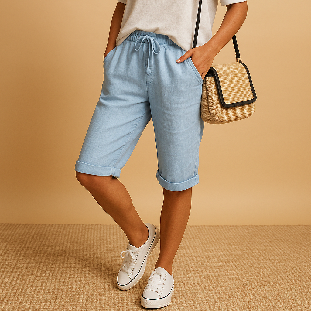 Women’s relaxed fit capri pants with elastic waist and tie-front, ideal for warm spring and summer days.