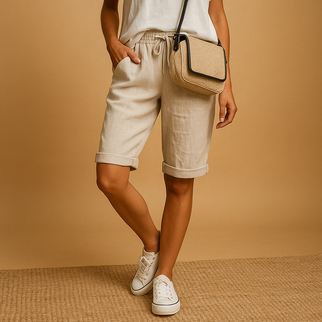 Women’s relaxed fit capri pants with elastic waist and tie-front, ideal for warm spring and summer days.