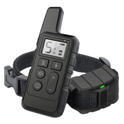 "Remote for 5-level adjustable dog training collar, black with LCD screen and buttons, for controlling training modes."