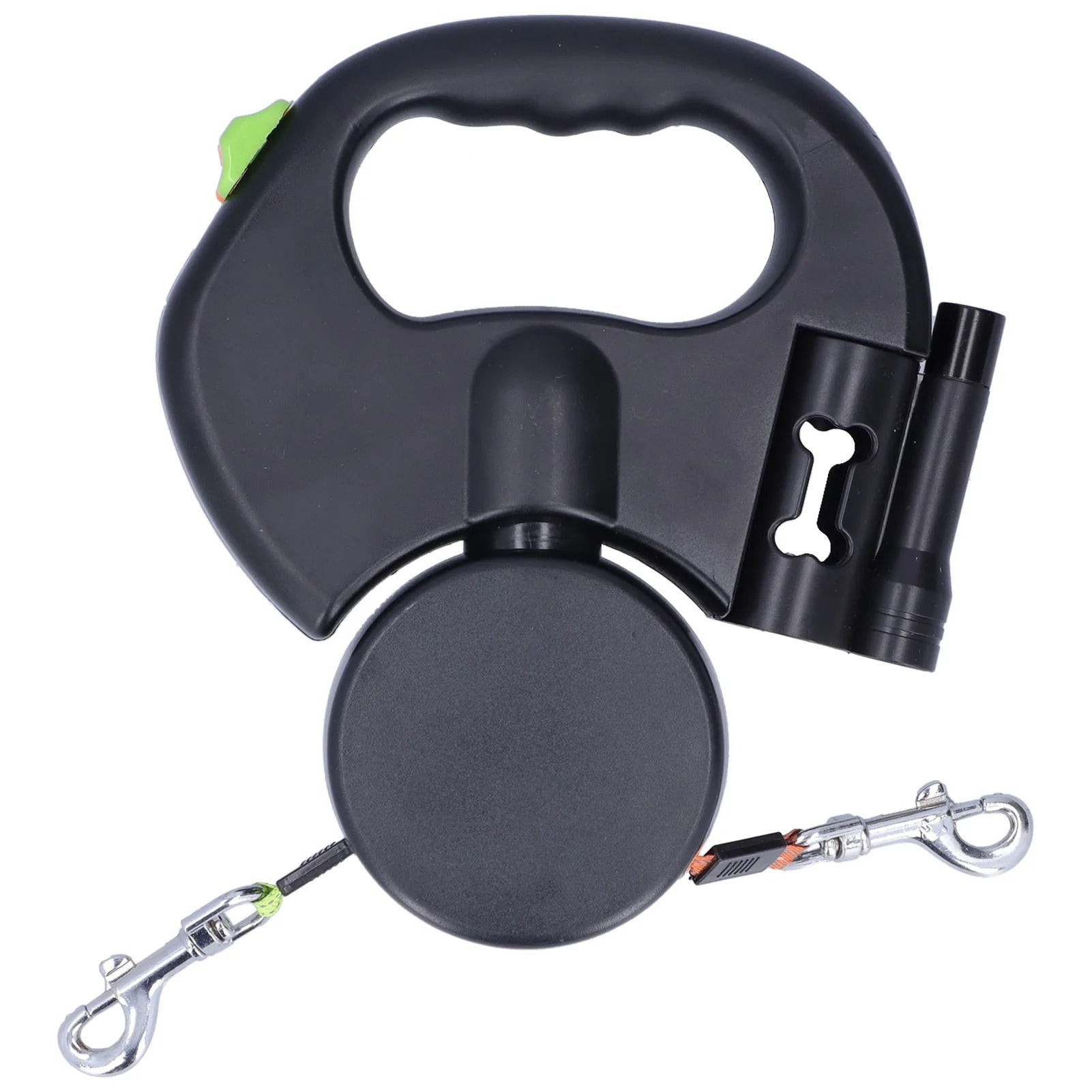 "Retractable double dog leash with flashlight, bag dispenser; durable nylon straps, ergonomic grip for tangle-free walking."