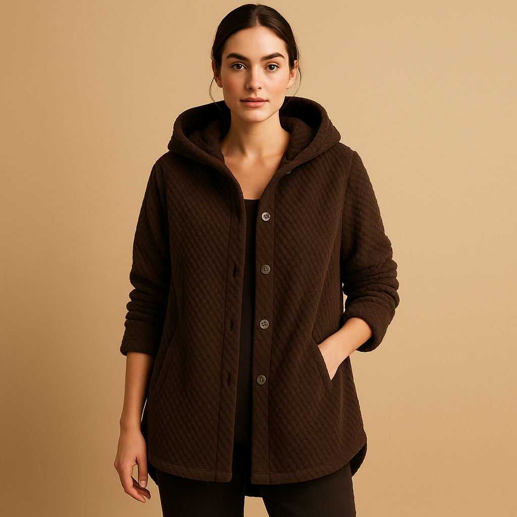 Reversible fleece jacket with hood for women in soft pastel colors, cozy and elegant for winter outings.