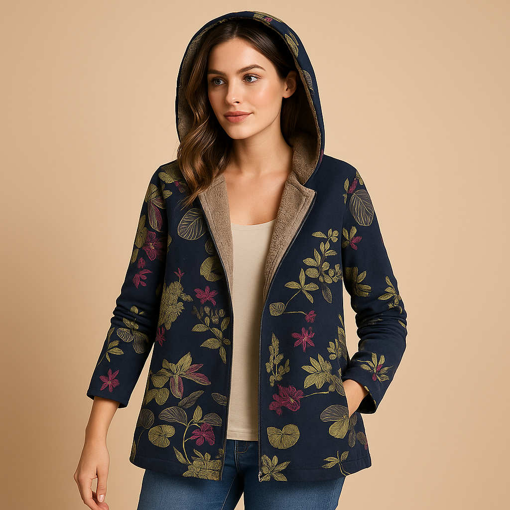 Reversible thermal hooded jacket for women with elegant sleeves, soft insulation, and quick-dry fabric—ideal for cold days and stylish comfort.