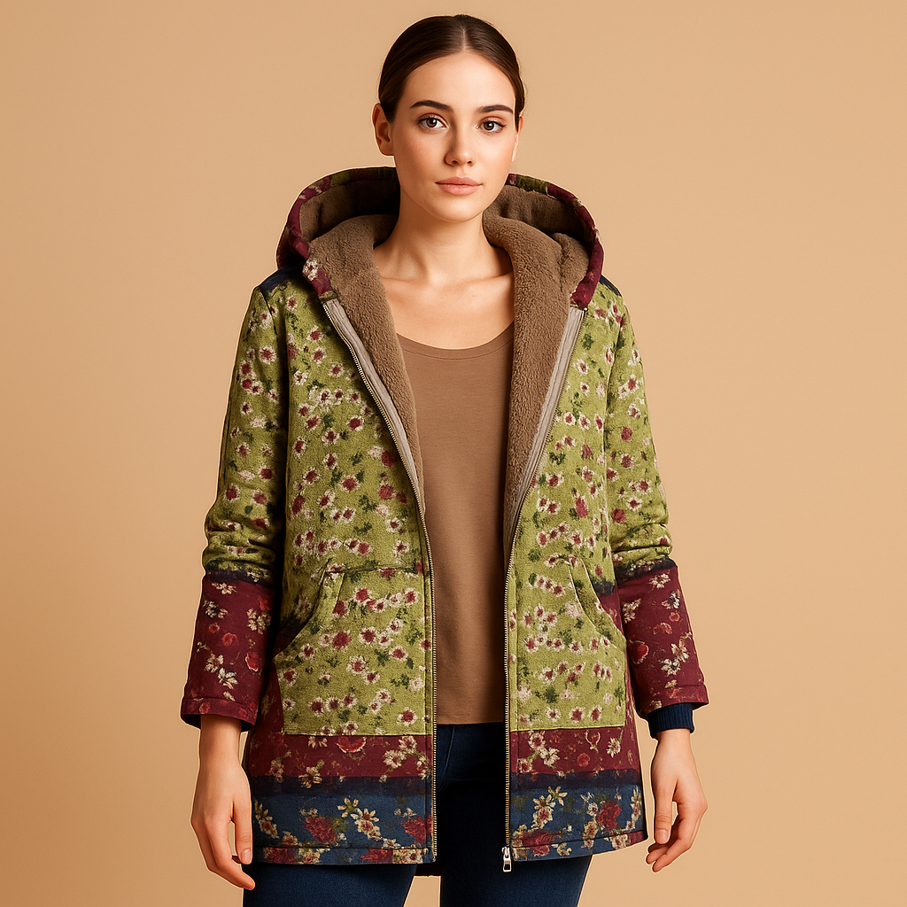 Reversible thermal hooded jacket for women with elegant sleeves, soft insulation, and quick-dry fabric—ideal for cold days and stylish comfort.
