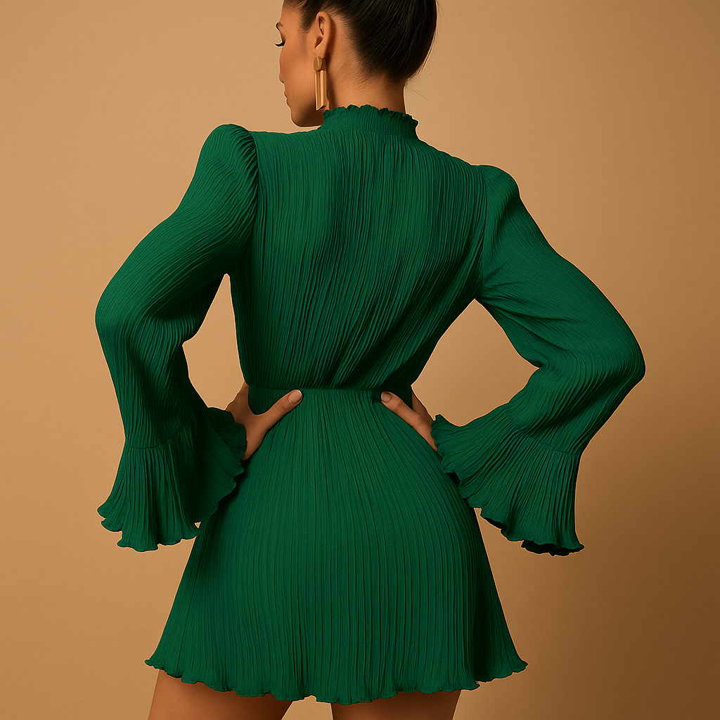 Ribbed long sleeve mini dress for women with round neckline and flattering flare, available in beige or green for stylish evenings and chic events.