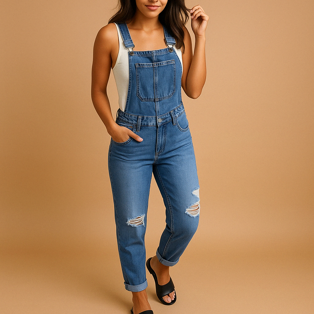 Women’s ripped denim overall with adjustable straps and relaxed fit in grey, dark blue, or light blue, perfect for urban streetwear style.