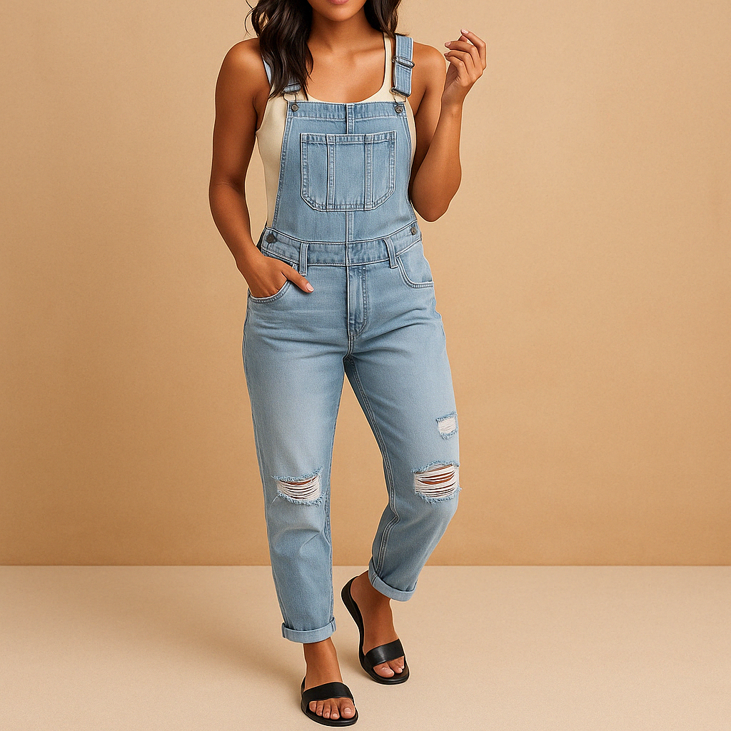Women’s ripped denim overall with adjustable straps and relaxed fit in grey, dark blue, or light blue, perfect for urban streetwear style.