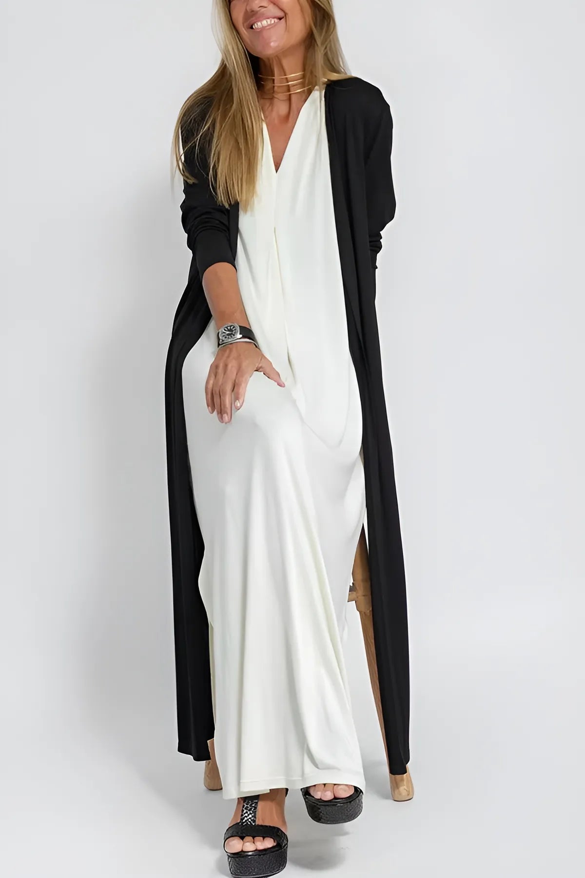 Classic Long Dress with Coordinating Cardigan - Luxivelle