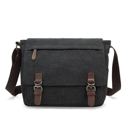 Rugged men's canvas shoulder bag with adjustable strap, front view showcasing durable material and stylish design.